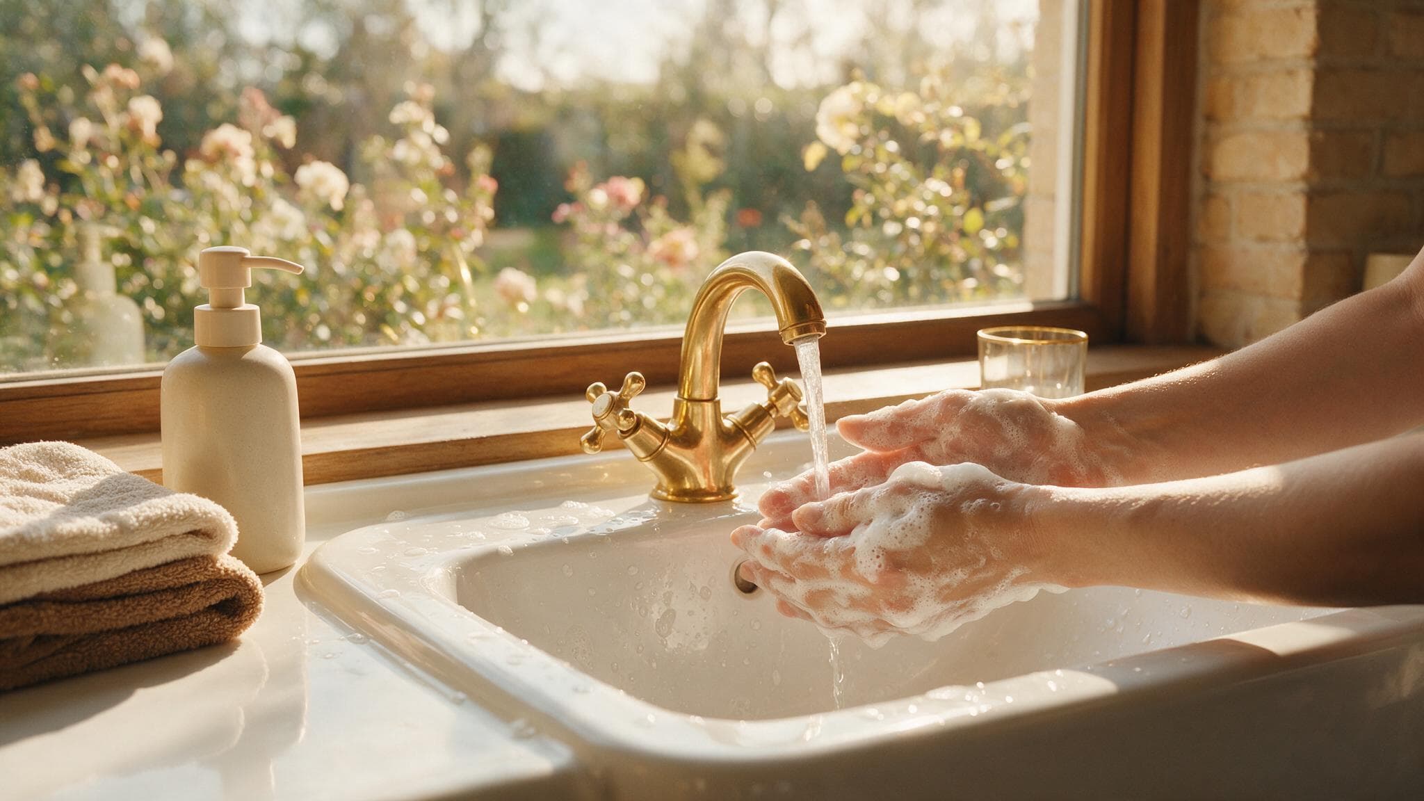 Hands being washed thoroughly at a home bathroom sink