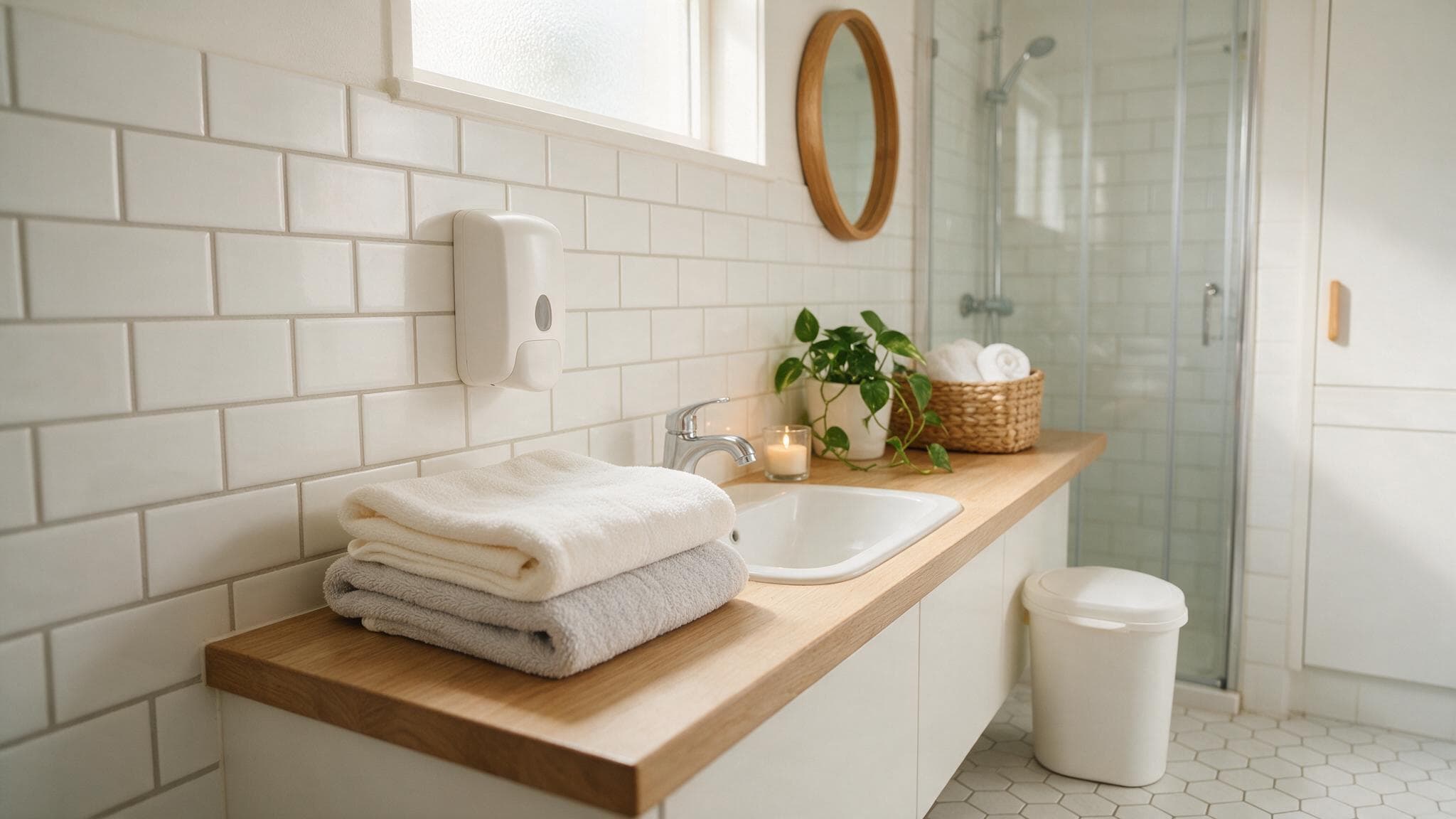 A clean, well organised home bathroom set up for care