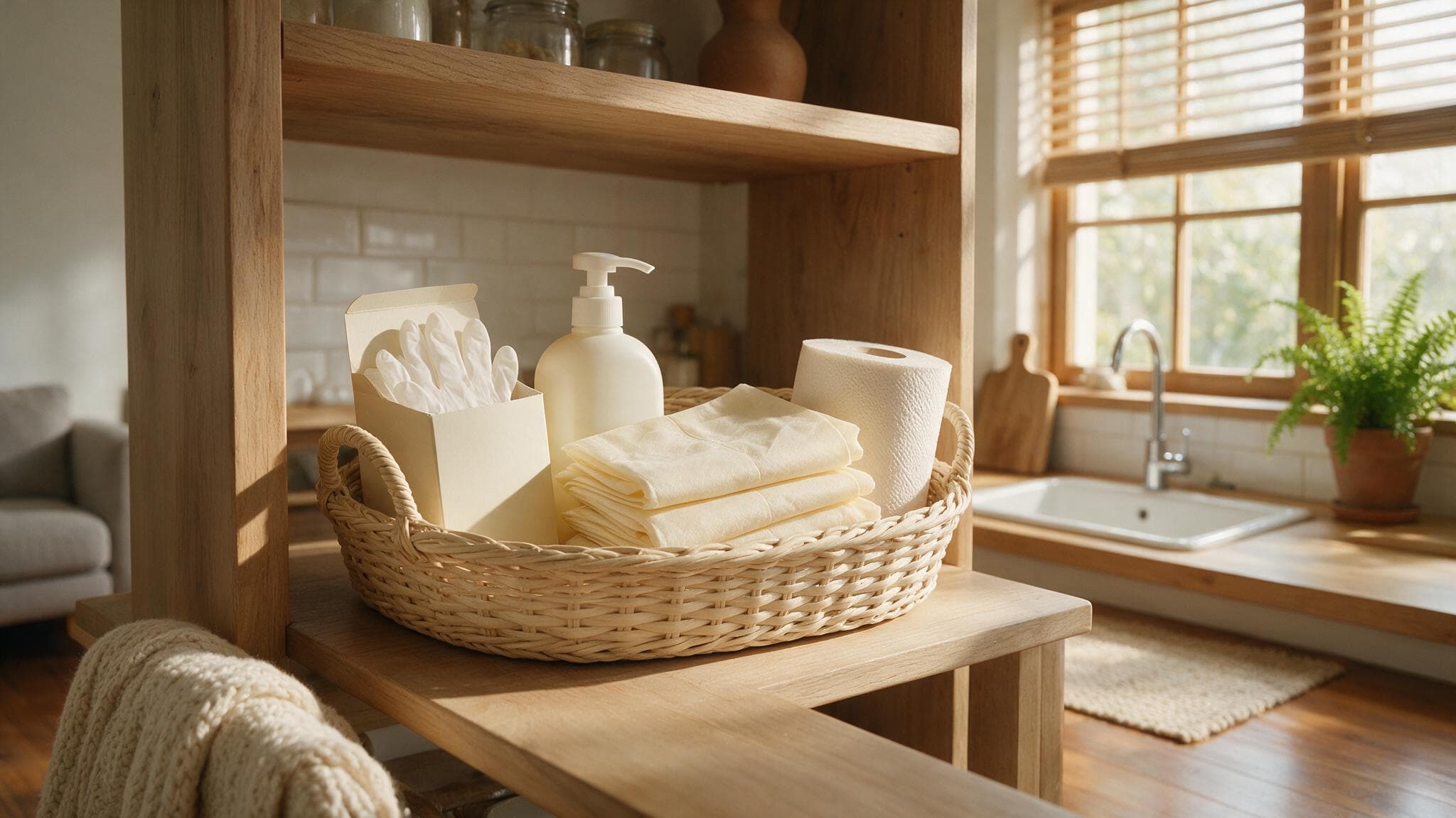 A home care supply basket with gloves, sanitiser and aprons on a kitchen shelf