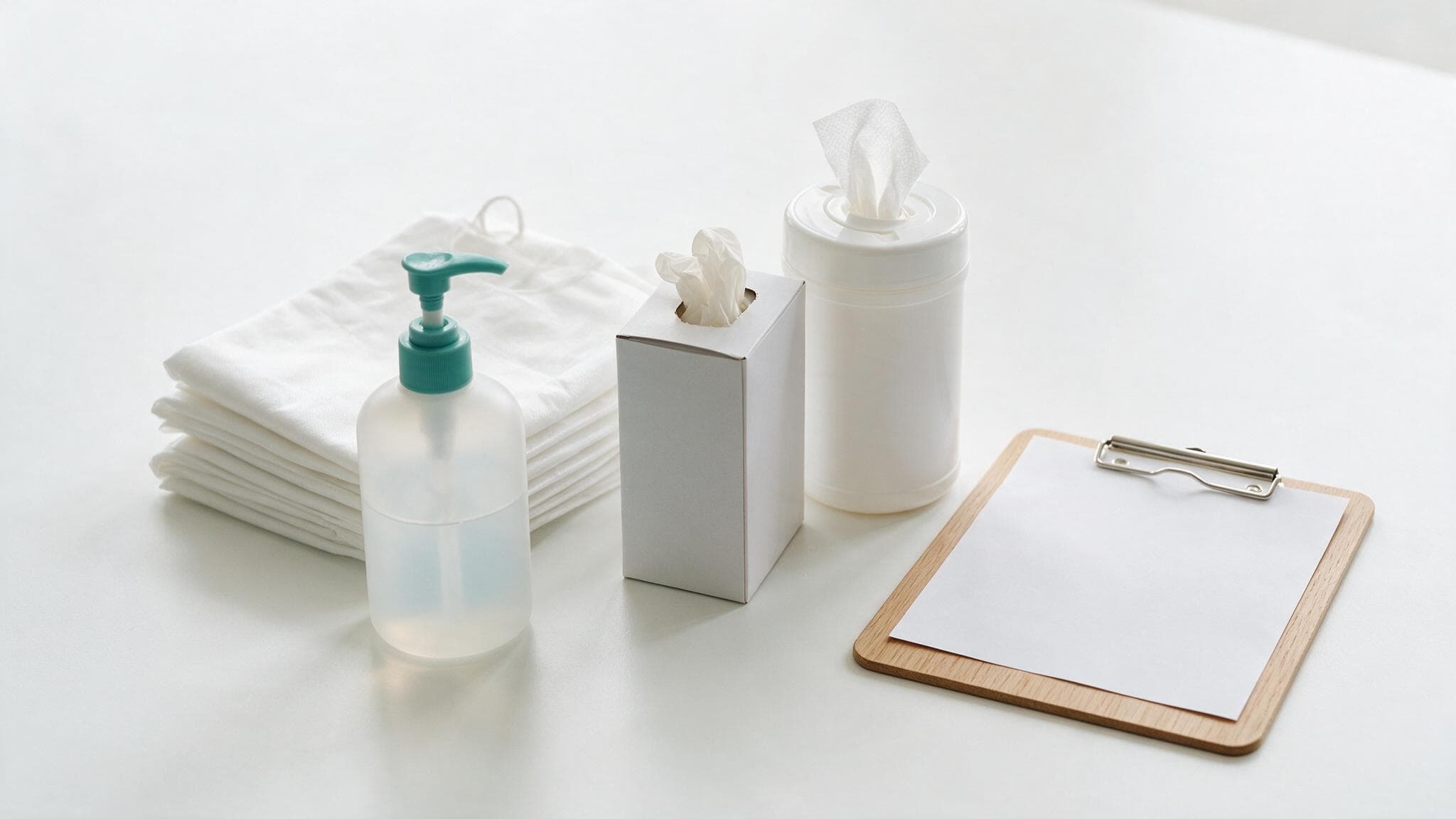 Infection prevention supplies including sanitiser, aprons, gloves and wipes with a clipboard
