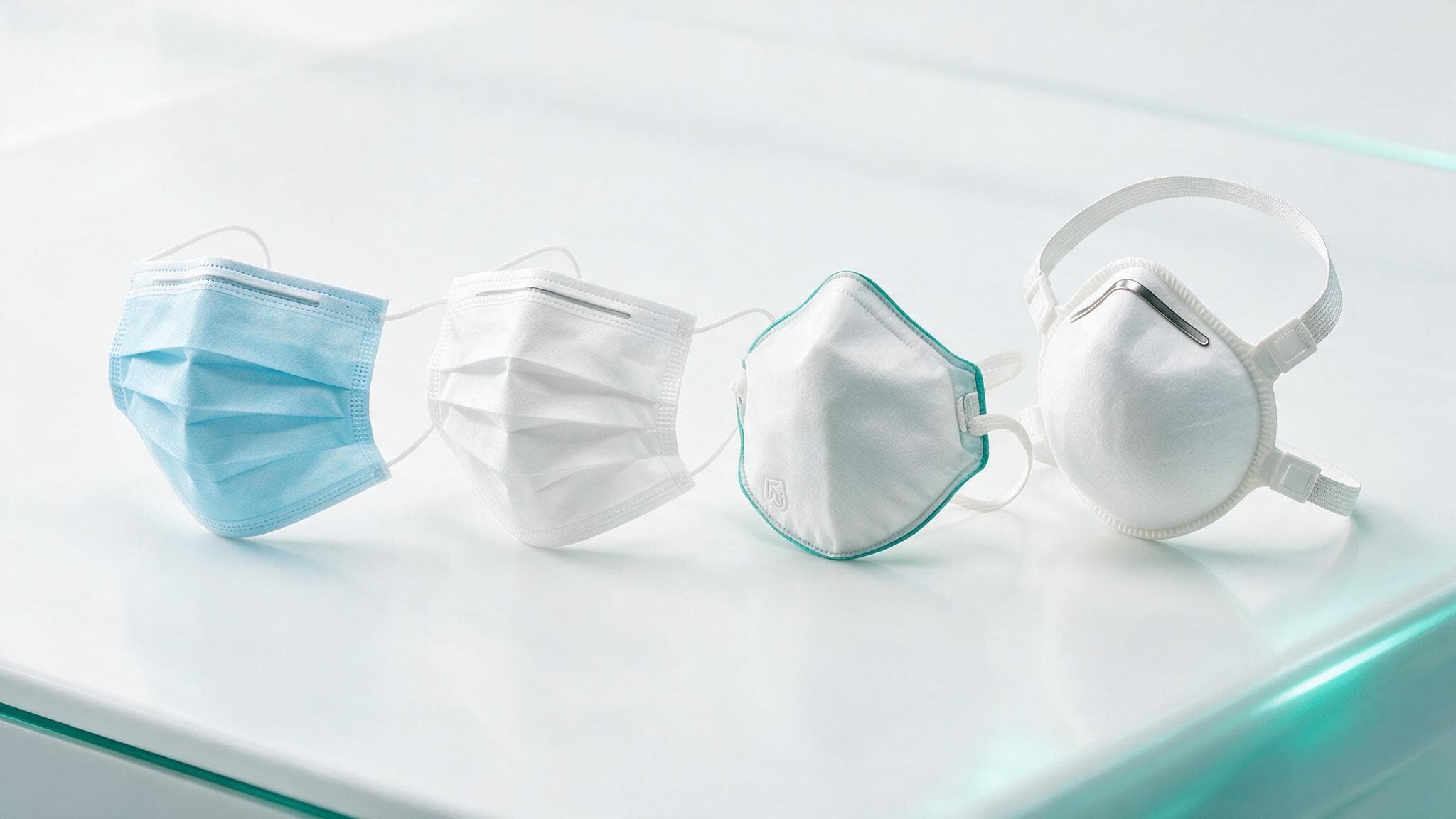 Surgical masks and a respirator arranged for comparison