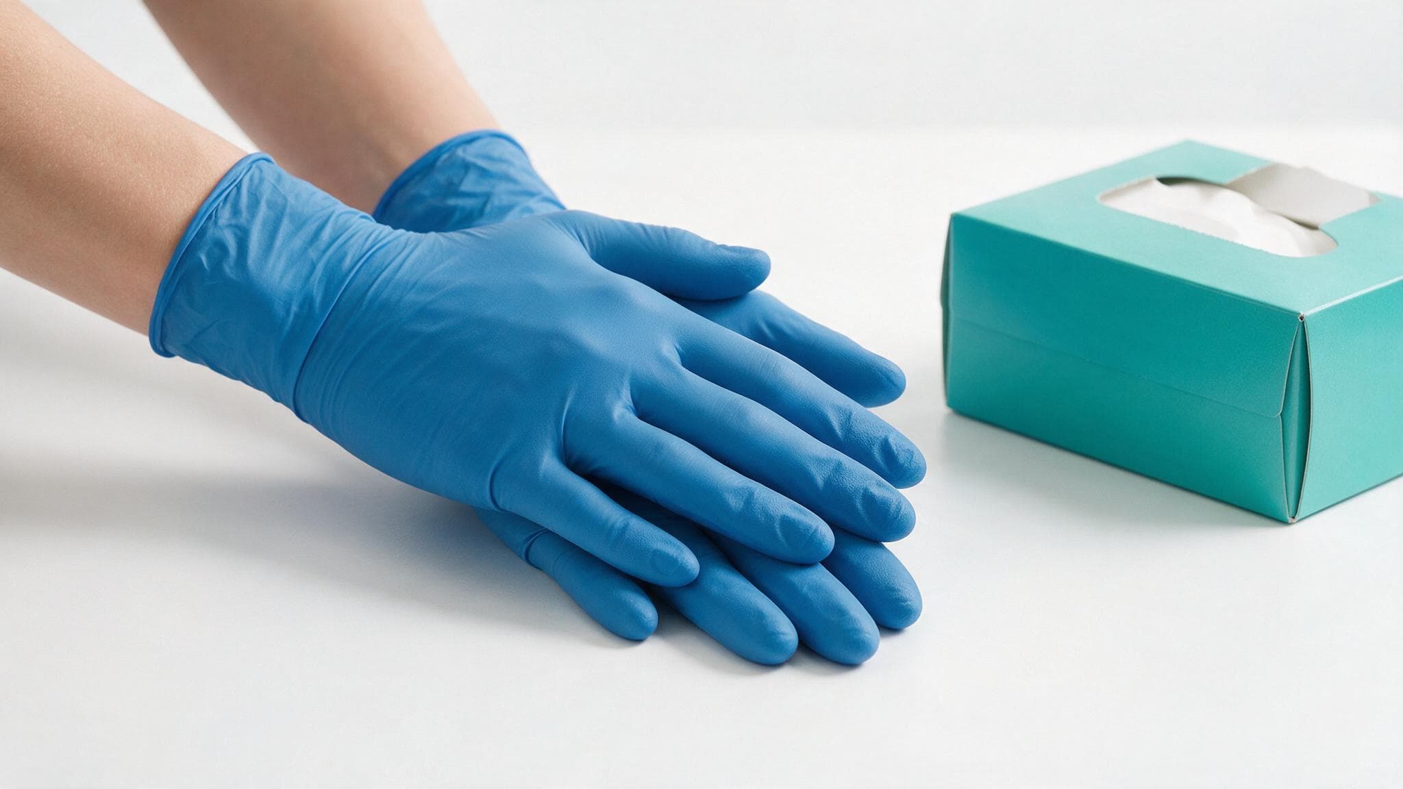 Hands wearing well-fitted blue nitrile examination gloves beside a dispenser box