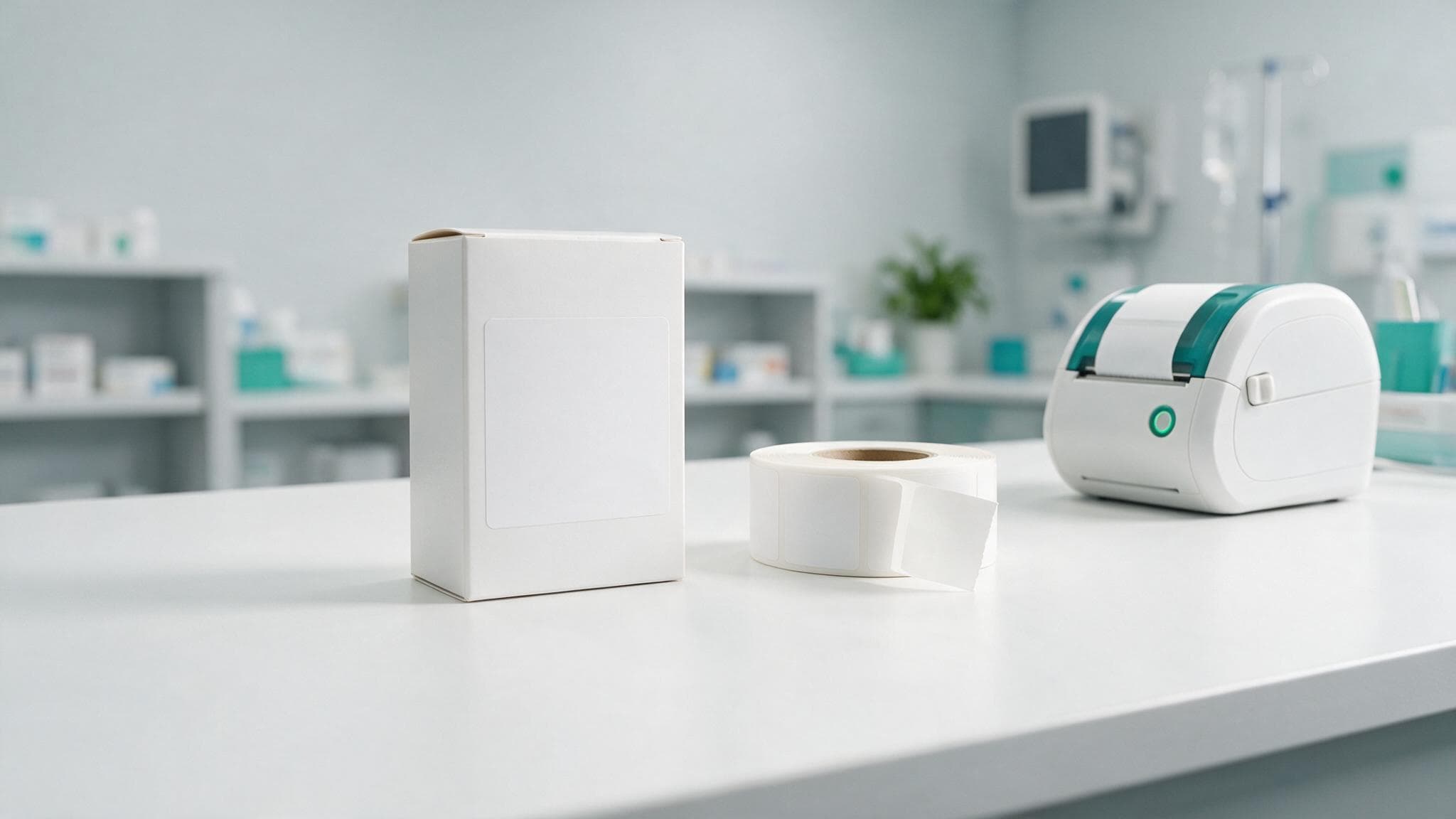 Pharmacy dispensing labels and a label printer on a clean counter