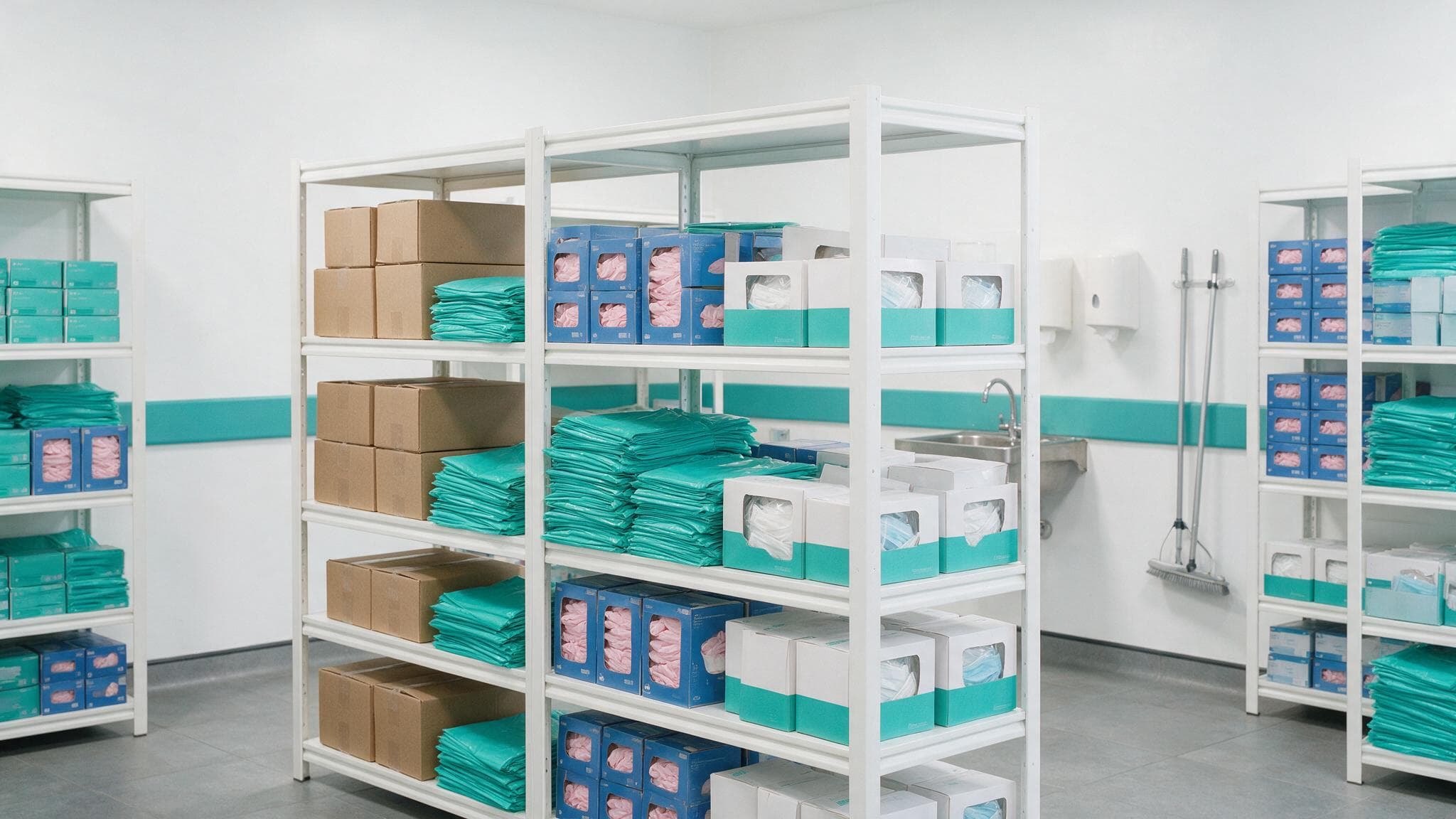 Organised care home PPE store with boxes of gloves, aprons and masks