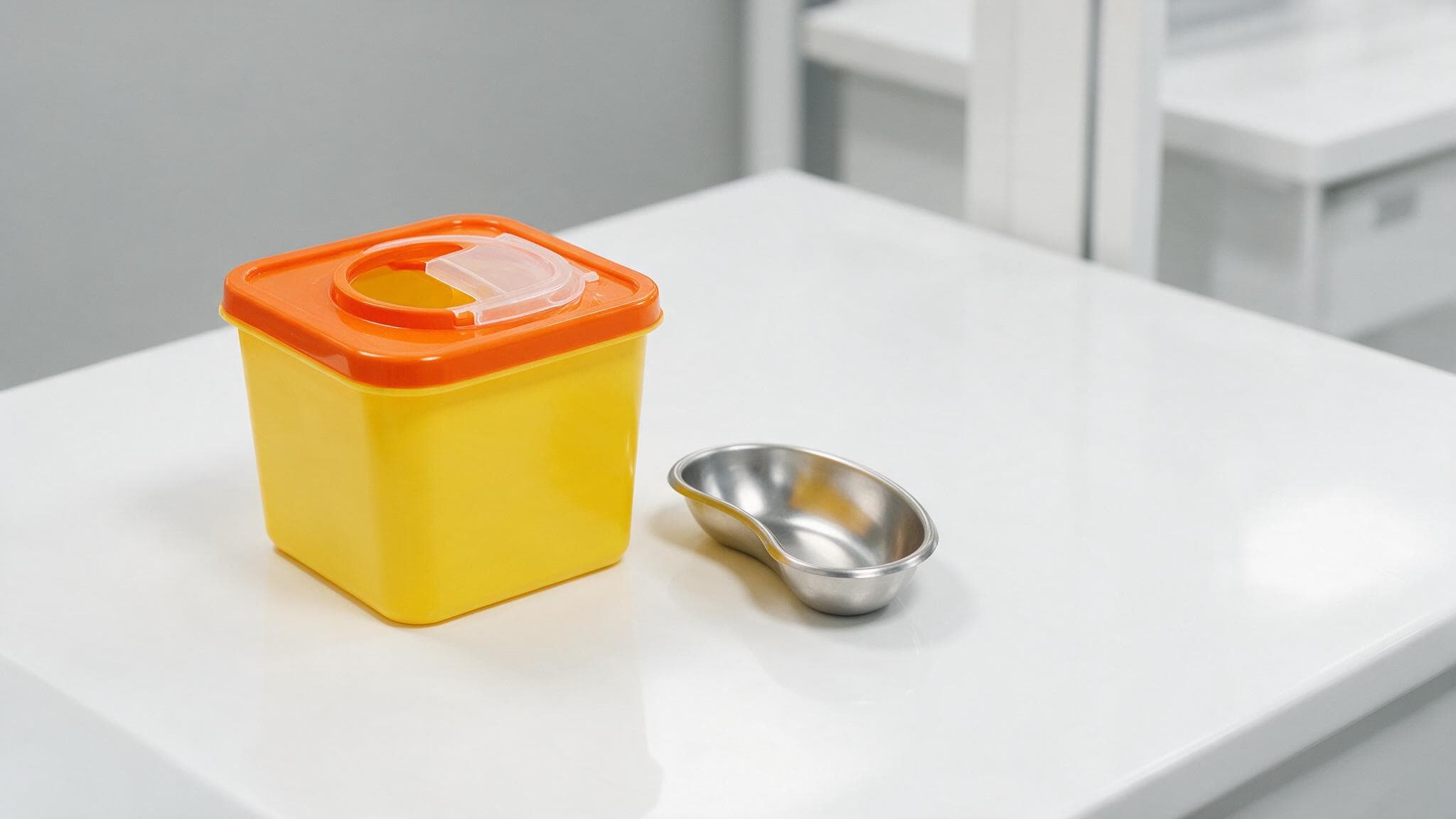 A yellow sharps container with an orange lid on a clinical surface
