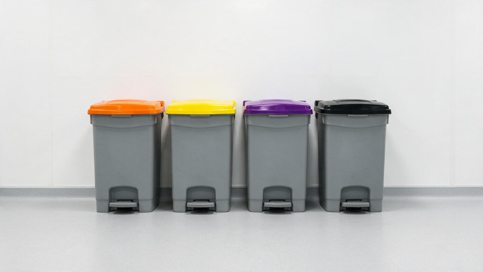Clinical waste bins with orange, yellow, purple and black lids