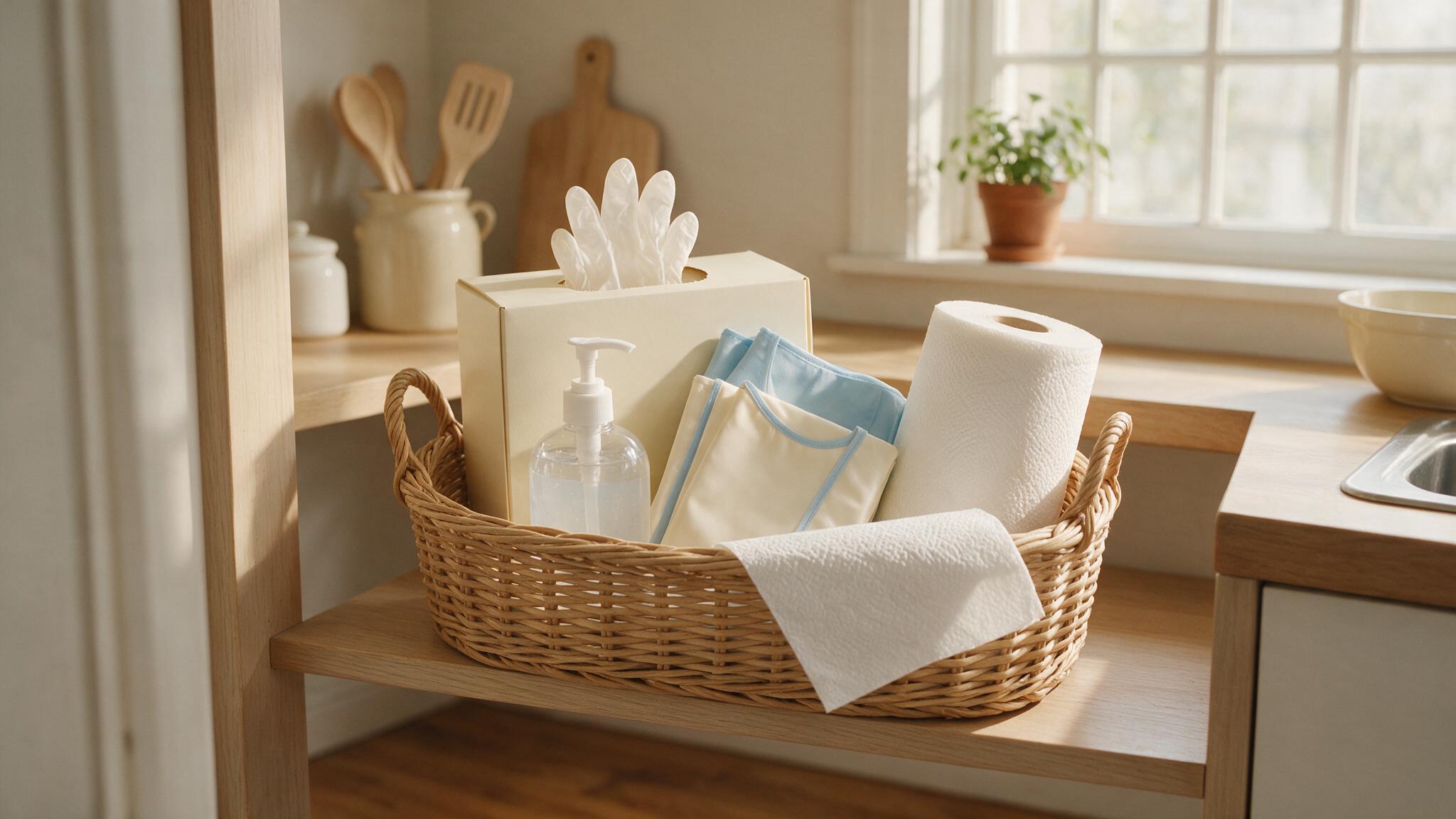 Gloves, an apron and sanitiser kept together where care happens