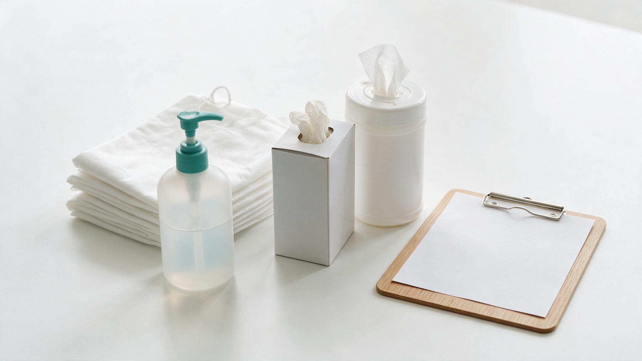 Hand sanitiser, aprons, gloves and surface wipes ready for an infection control audit