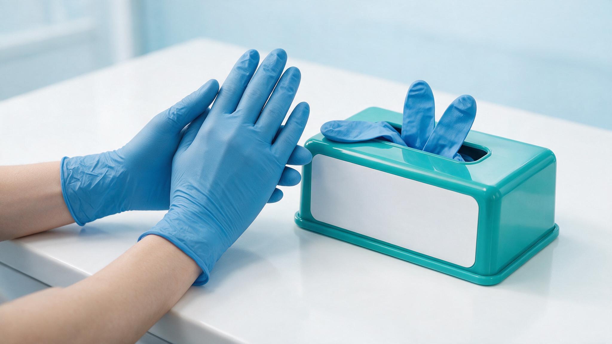 A dispenser box of examination gloves at a clinical point of use