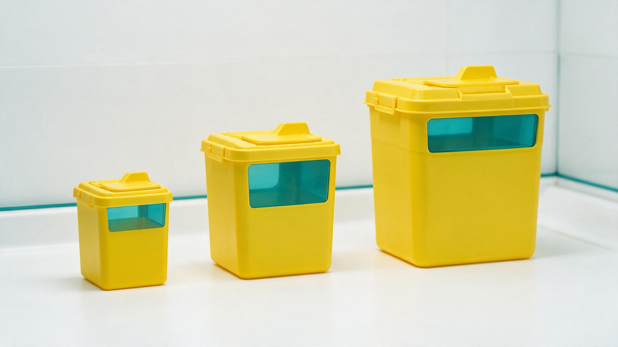 A yellow sharps container with an orange lid at a clinical point of use
