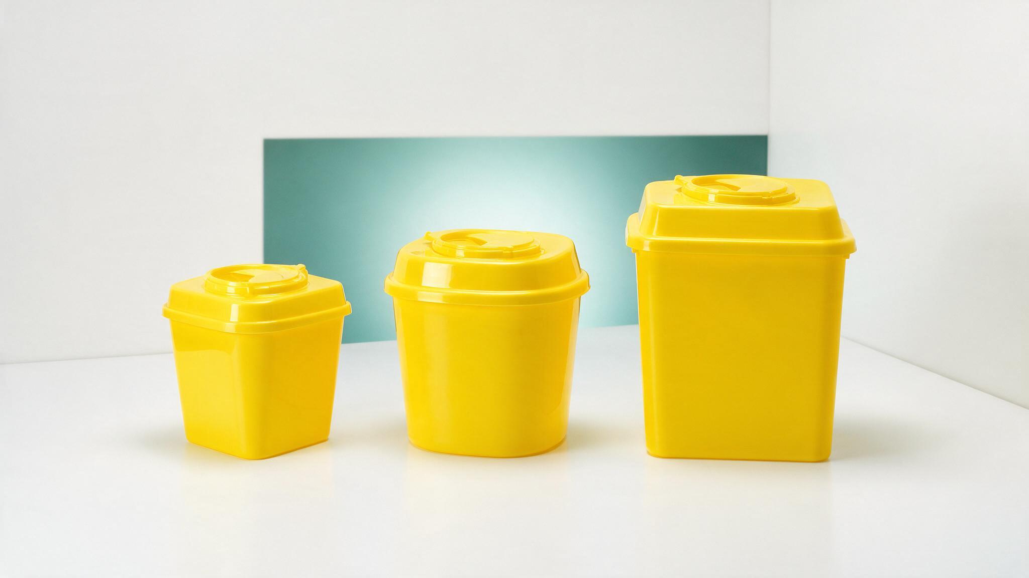 Sharps containers in small, medium and large sizes