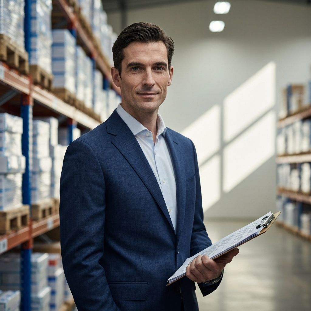 A UK procurement specialist with a clipboard reviewing a warehouse aisle of medical supplies