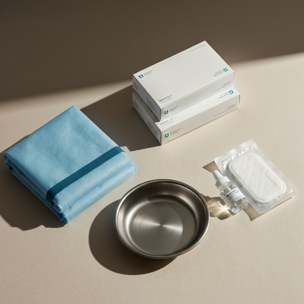 A calm editorial arrangement of UK medical supplies — sterile surgical drape, nitrile gloves, kidney dish and dressing pack on a warm-grey backdrop